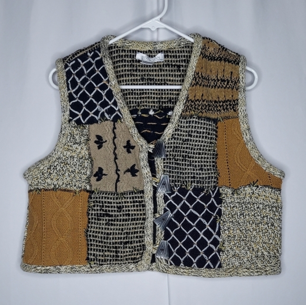 Sandy Starkman Vtg Vest Women Large Patchwork Toggle Cotton Silk Knit Boho Artsy